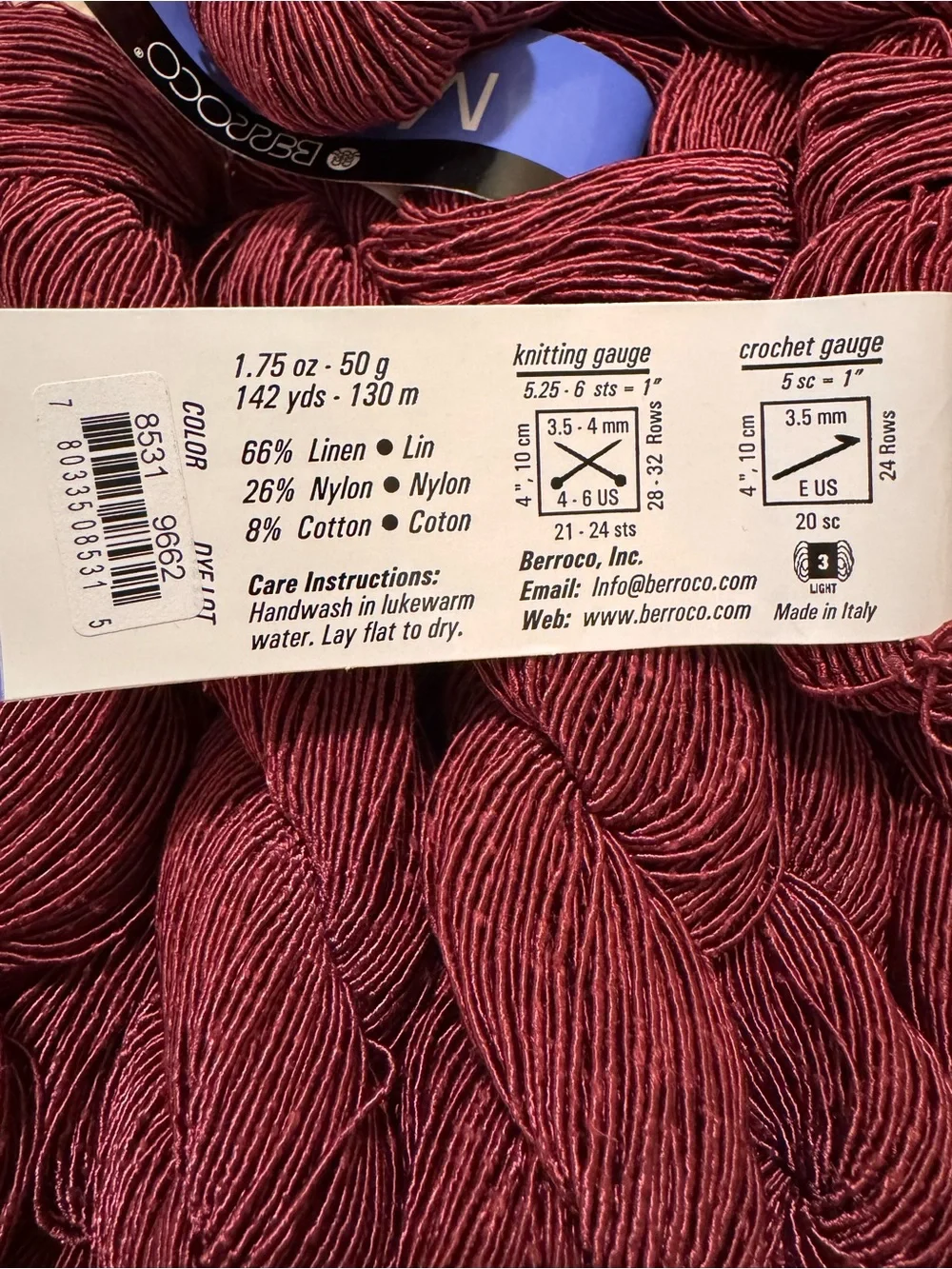 Berroco Mykonos 10 Hanks Yarn Daphne 8531 Burgundy Linen Cotton Blend 1420 yds